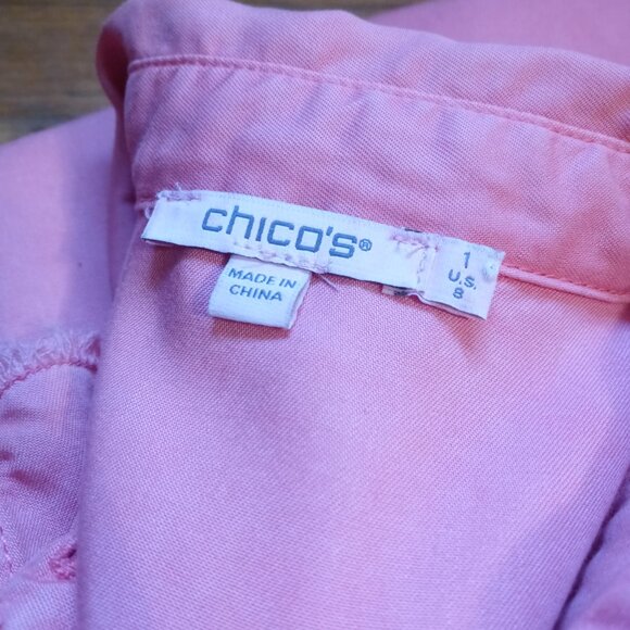 CHICO'S twill fringe hem shirt in coral pink (1/US8) - Picture 11 of 16